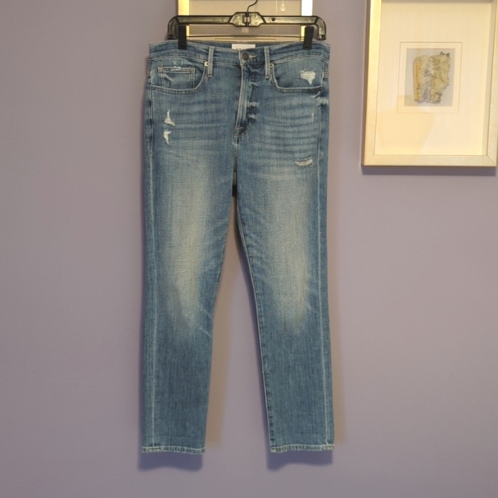 Frame Denim Women's Straight Leg Jeans - Light Blue Distressed